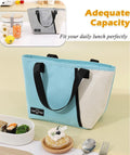 Light blue reusable lunch tote for women and men, large capacity leakproof lunch box with front pocket, ideal for kids and adults.