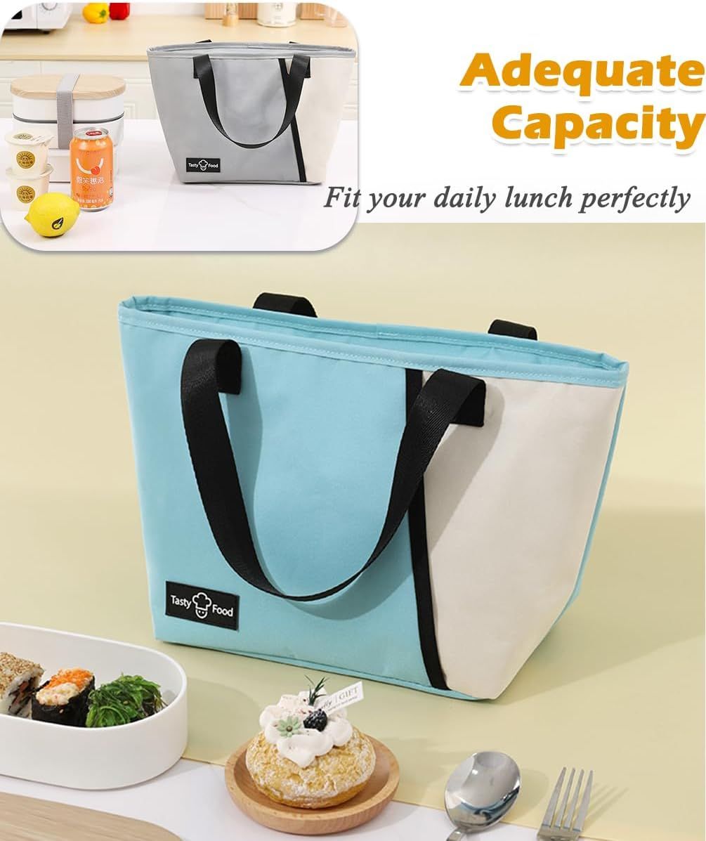 Light blue reusable lunch tote for women and men, large capacity leakproof lunch box with front pocket, ideal for kids and adults.