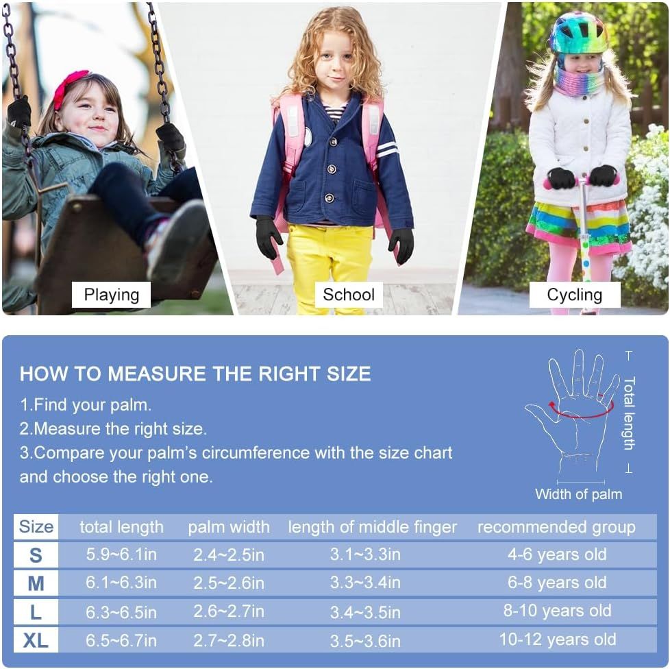Kids winter touch screen gloves in black and grey, waterproof warm mittens for boys and girls aged 4-12, suitable for cold weather.