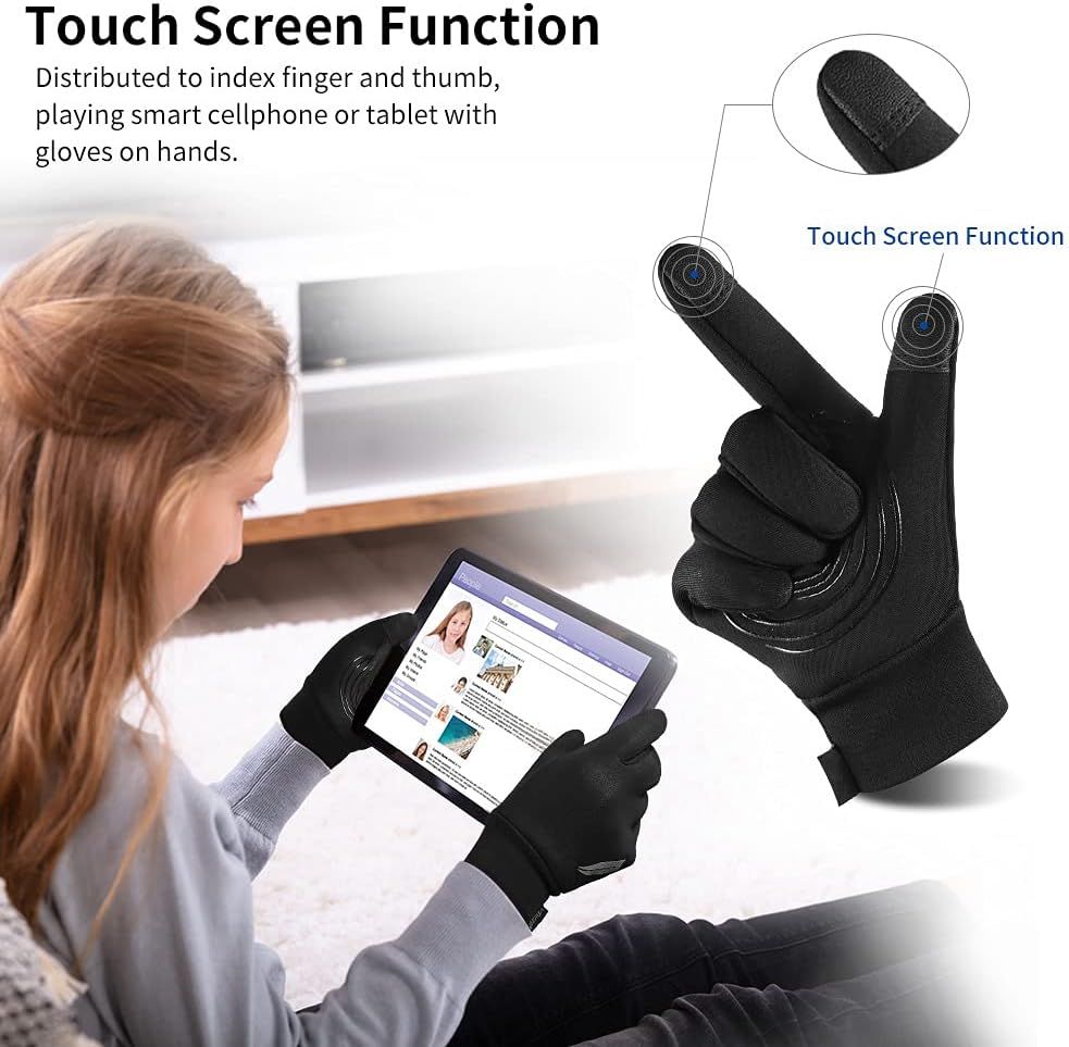 Black and grey kids winter touch screen gloves from Everything Baby, waterproof warm mittens suited for children aged 4-12.