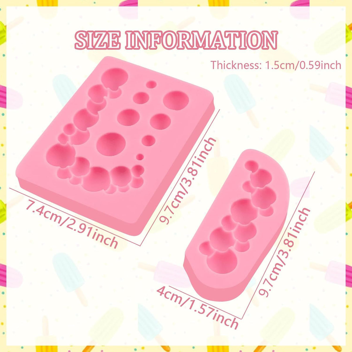 Hemispherical pearl and heart-shaped silicone molds for cake decorating, baby cupcakes, and dessert toppings.