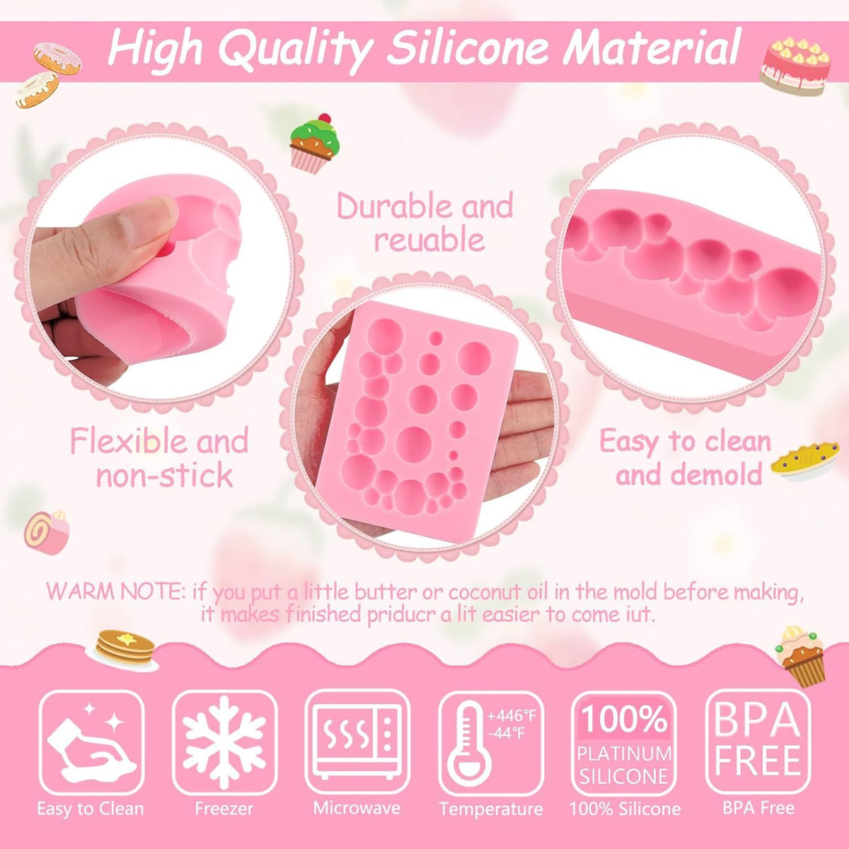 Hemispherical pearl and heart-shaped silicone molds for cake decorating, perfect for cupcakes and desserts, by Everything Baby.