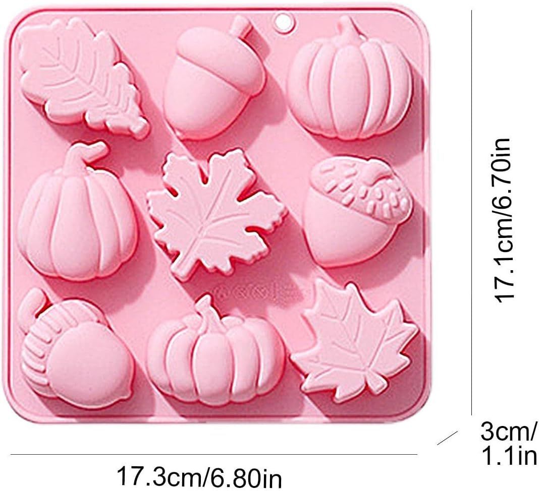Fall fondant molds featuring pumpkin, leaf, and acorn shapes in silicone, ideal for pudding, chocolate, and dessert decorating.