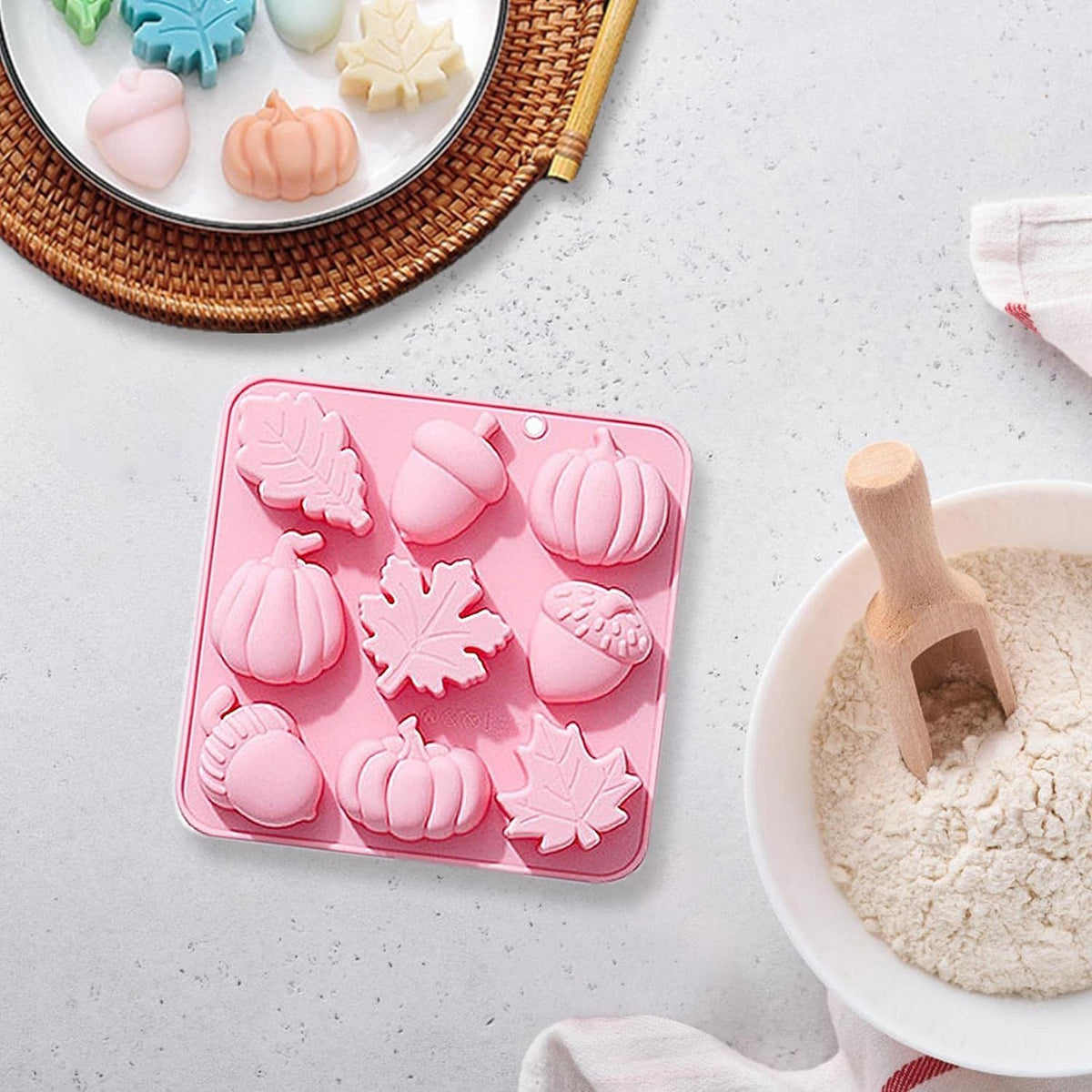 Set of 9 fall-themed fondant molds including pumpkin, leaf, and acorn silicone molds for pudding, chocolate, and candies.