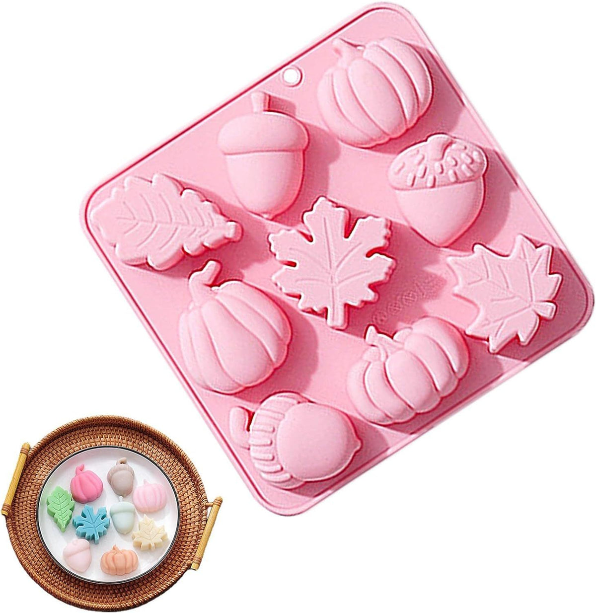 Pumpkin, leaf, and acorn silicone fondant molds for fall-themed desserts, chocolates, pudding, and candy decorating.