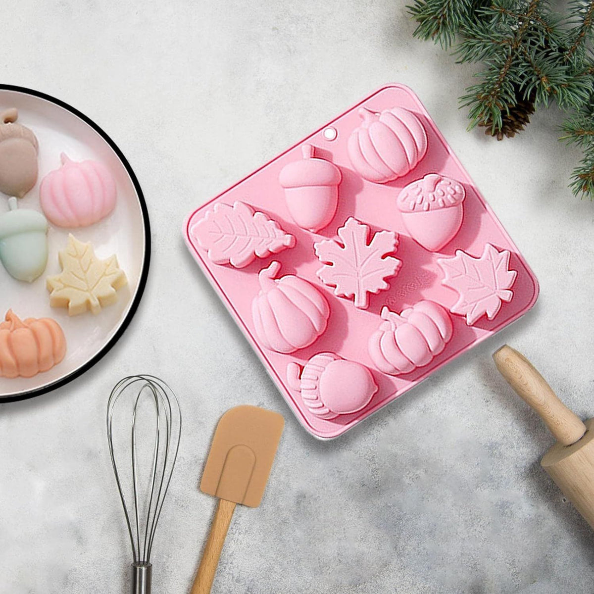 9-piece fall fondant mold set with pumpkin, leaf, and acorn silicone molds for pudding, chocolate, and candies.