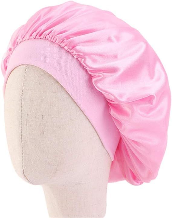 Kids satin sleep cap by Everything Baby, soft bonnet for girls, perfect for bedtime or chemo hair protection, in pink satin fabric.