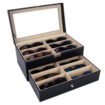 Black leather 12-piece eyeglasses storage case by Everything Baby, lockable display organizer for sunglasses and glasses.