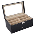 Black leather 12-piece eyeglasses storage case with lock, organizer for sunglasses and glasses, designed for baby and kids accessories.