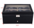 Black leather 12-piece eyeglasses storage case with lock, organizer for sunglasses and glasses, by Everything Baby.