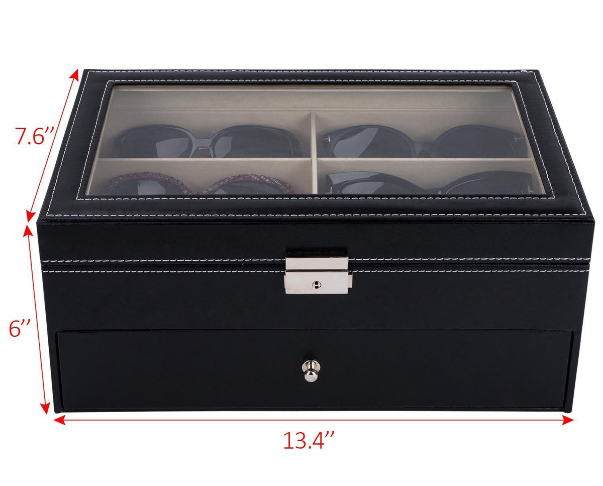 Black leather 12-piece eyeglasses storage case with lock, organizer for sunglasses and glasses, by Everything Baby.