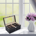 Black leather 12-piece eyeglasses storage case by Everything Baby, lockable display drawer for sunglasses and glasses.