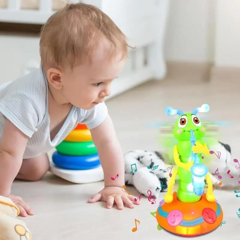Blue Dancing Saxophone Caterpillar toy for kids, with automatic obstacle avoidance and playful movement, ideal for children's play areas.