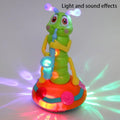 Blue Dancing Saxophone Caterpillar toy for kids, featuring automatic obstacle avoidance and vibrant design in a playpen setting.