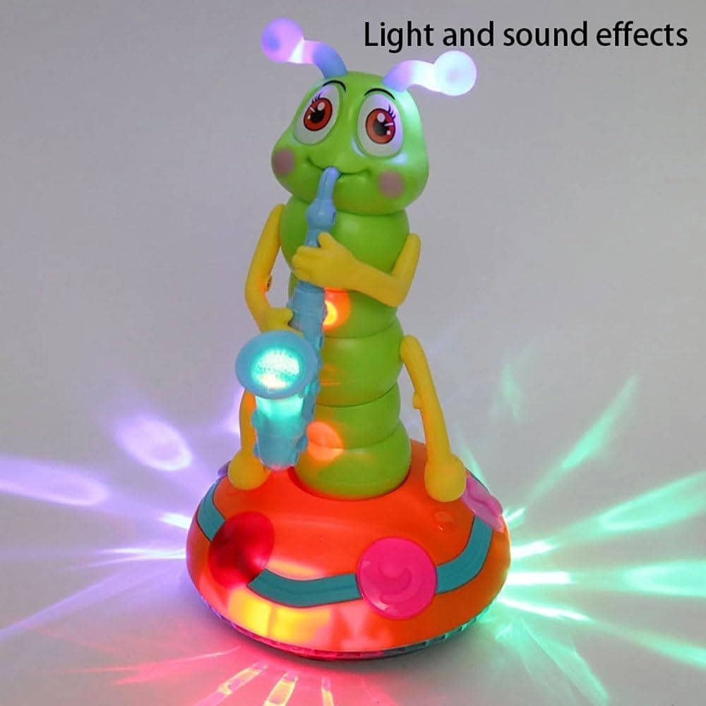 Blue Dancing Saxophone Caterpillar toy for kids, featuring automatic obstacle avoidance and vibrant design in a playpen setting.