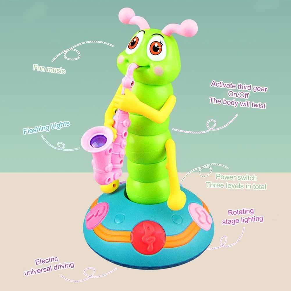 Blue Dancing Saxophone Caterpillar toy for kids, features automatic obstacle avoidance and playful design by Everything Baby.