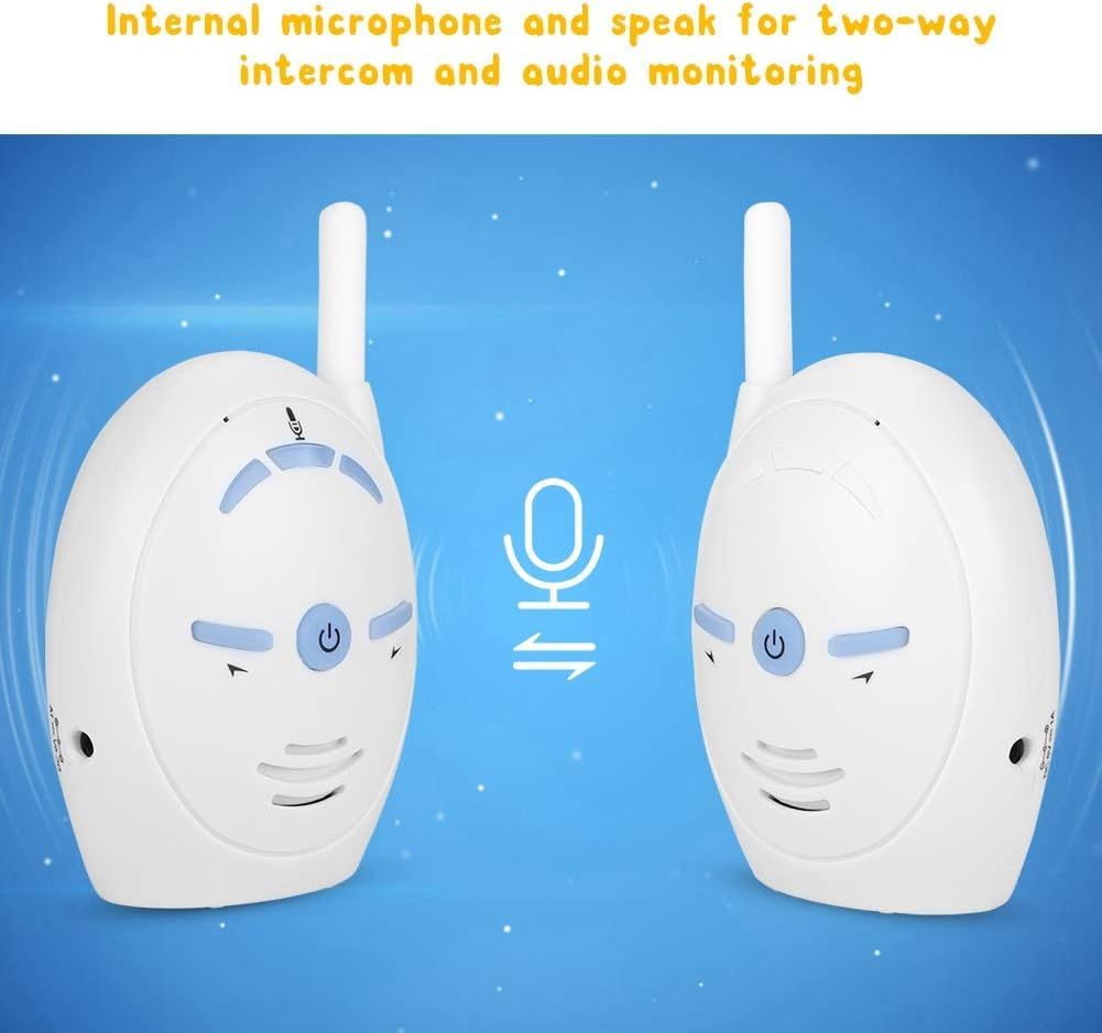 Wireless digital audio baby monitor by Everything Baby showing handheld device with two-way talk and electronic alert features.