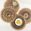 Set of 4 woven round jute placemats with tassels, handmade table mats, waterproof cotton, ideal for retro table decor and kids' pretend play.