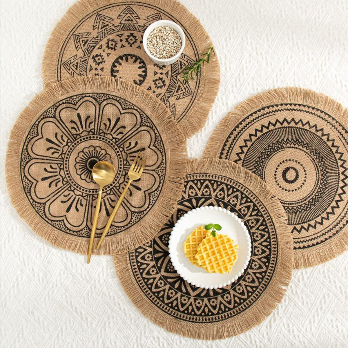 Set of 4 woven round jute placemats with tassels, handmade table mats, waterproof cotton, ideal for retro table decor and kids' pretend play.