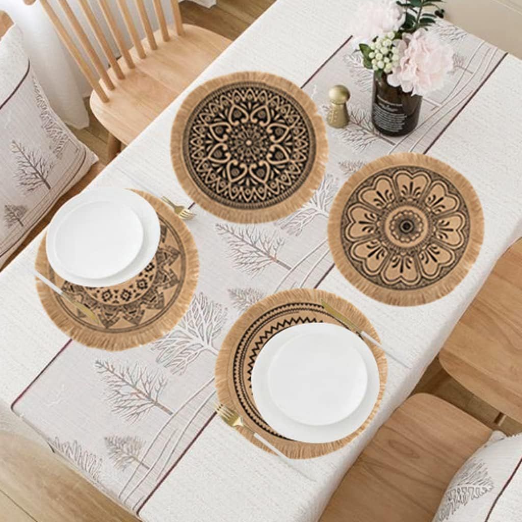 Set of 4 woven round jute placemats with tassels, handmade cotton table mats, waterproof retro table decor for baby and kids pretend play.