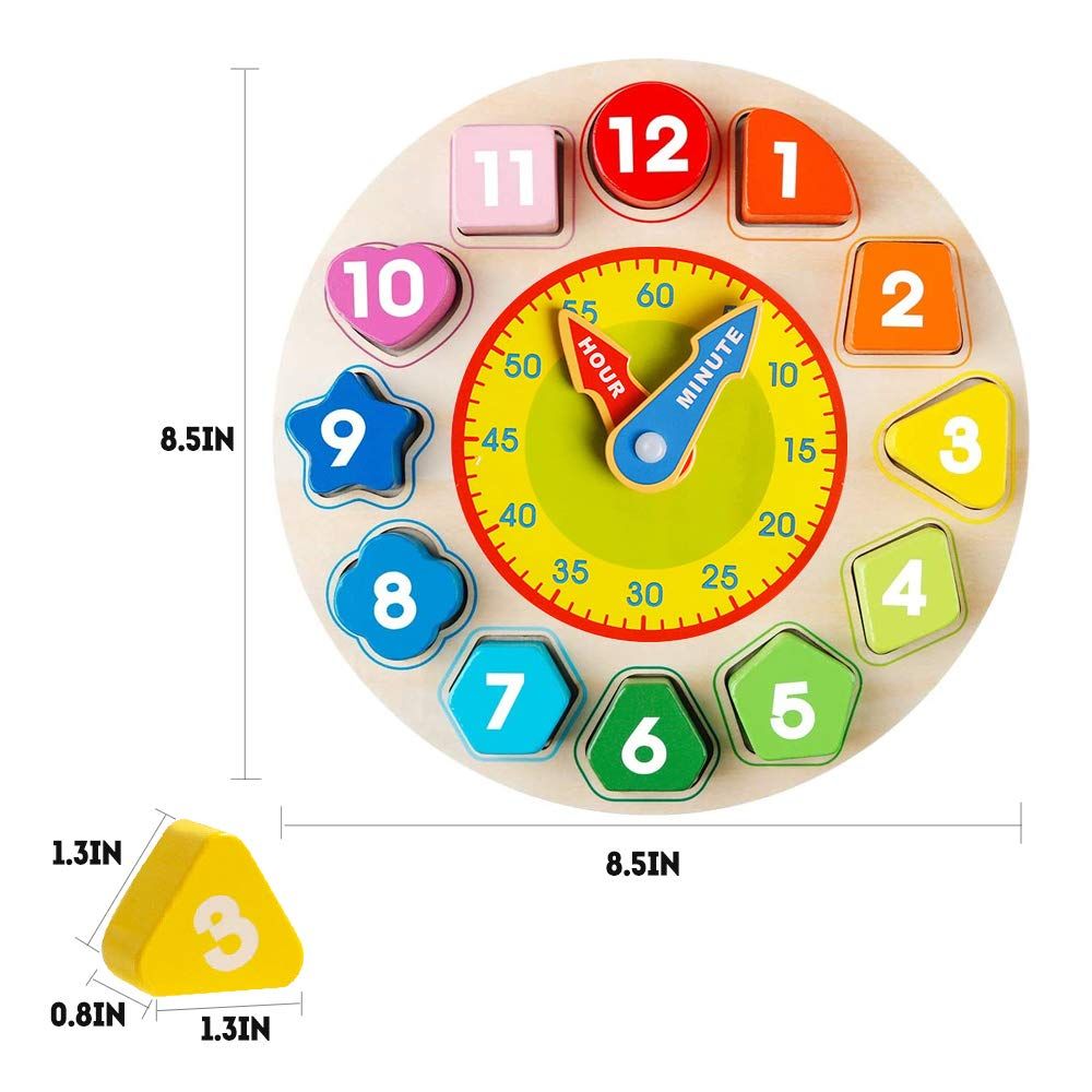 Wooden shape sorting clock with colorful number blocks, designed for early learning and teaching time for babies and kids.