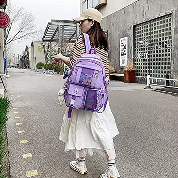 Kawaii Backpack with Bear Pendant, Aesthetic Canvas Students Schoolbag Shoulder Tote Bag Casual Daypack Back to School (Purple)