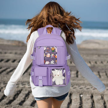 Backpack for Girls, Cute Aesthetic Backpack for School, Kawaii Bookbag with Pins Accessories and Pendant, Purple