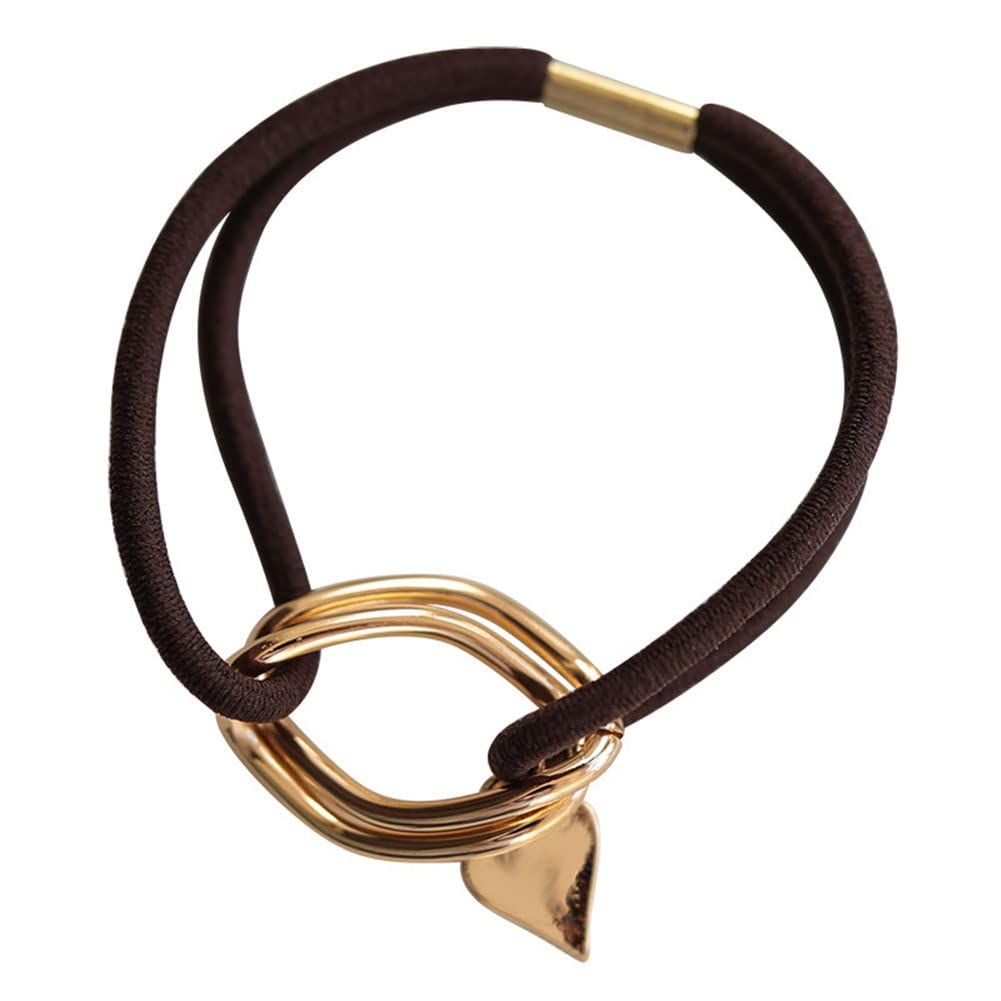 Two gold-plated metal cuff hair ties with elastic bands and rubber rings for girls, stylish ponytail accessories.