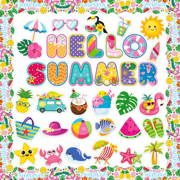 57 Pcs Summer Cutouts Beach Hawaiian Theme Bulletin Board Decoration Tropical Fruits Paper Cut Outs with 100 Pcs Glue Point