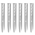 Aluminum U-shaped tent stakes for camping and outdoor use, lightweight and durable, shown in a set of six on a sandy surface.