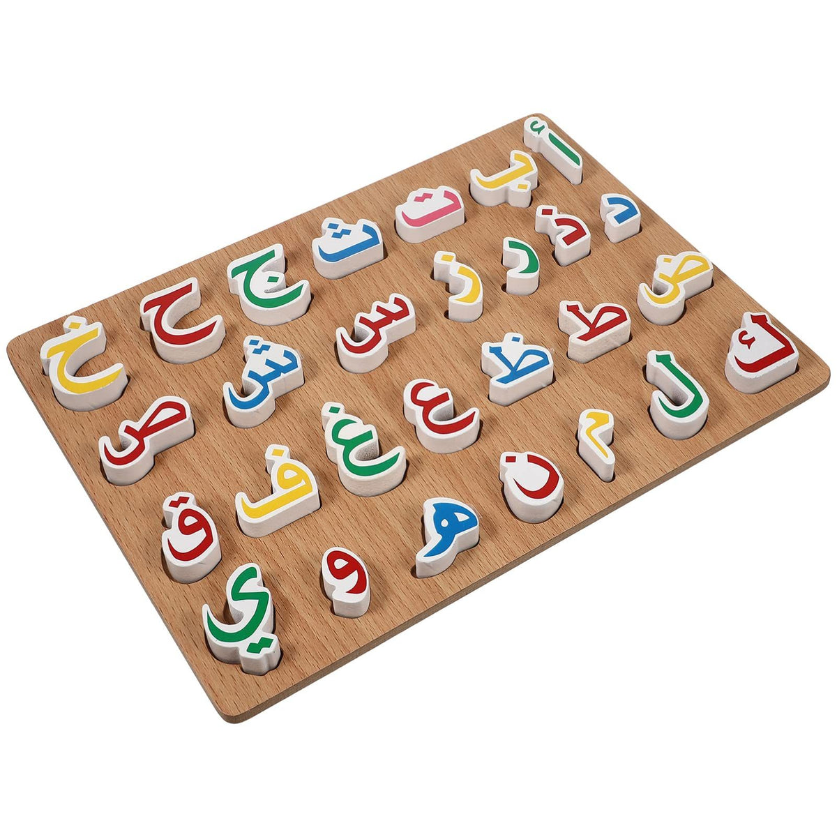 Wooden Arabic alphabet puzzle for kids by Everything Baby, featuring colorful hand grip pieces for preschool educational play.