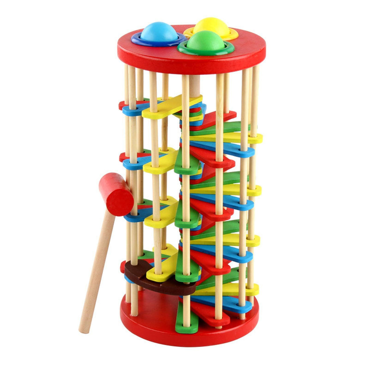 Wooden ball drop toy for kids with pounding bench, hammer, and ramp, educational Montessori toy for children and babies.