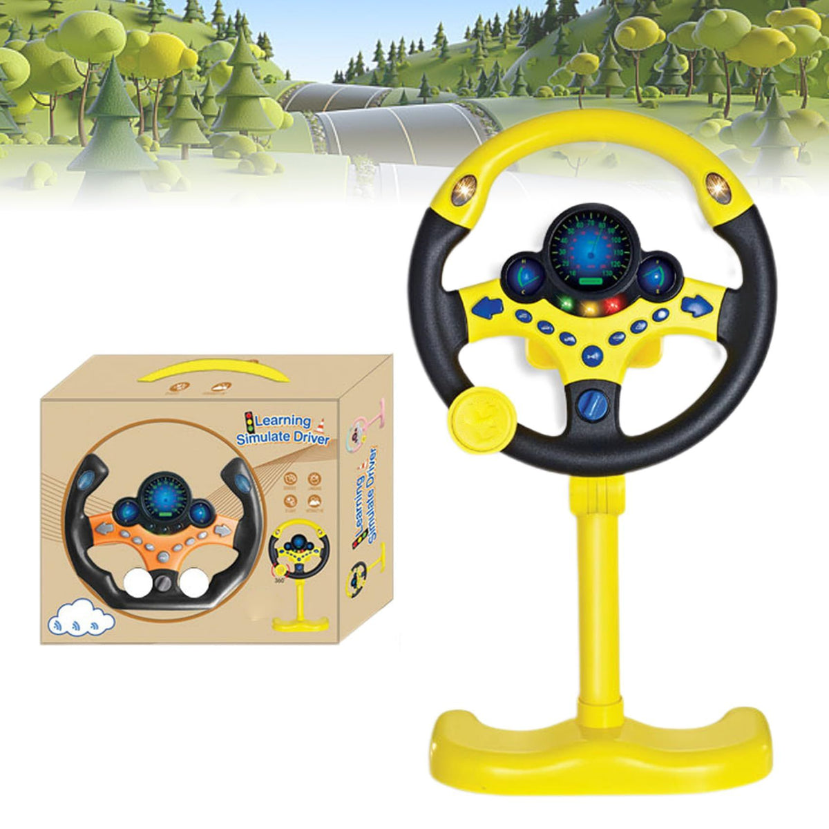 Yellow steering wheel driving toy for kids, simulated electric car steering wheel, designed for ride-on cars and copilots.