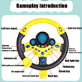 Yellow simulated steering wheel toy for kids, electric car style, with colorful buttons, designed for ride-on cars and kids' play vehicles.