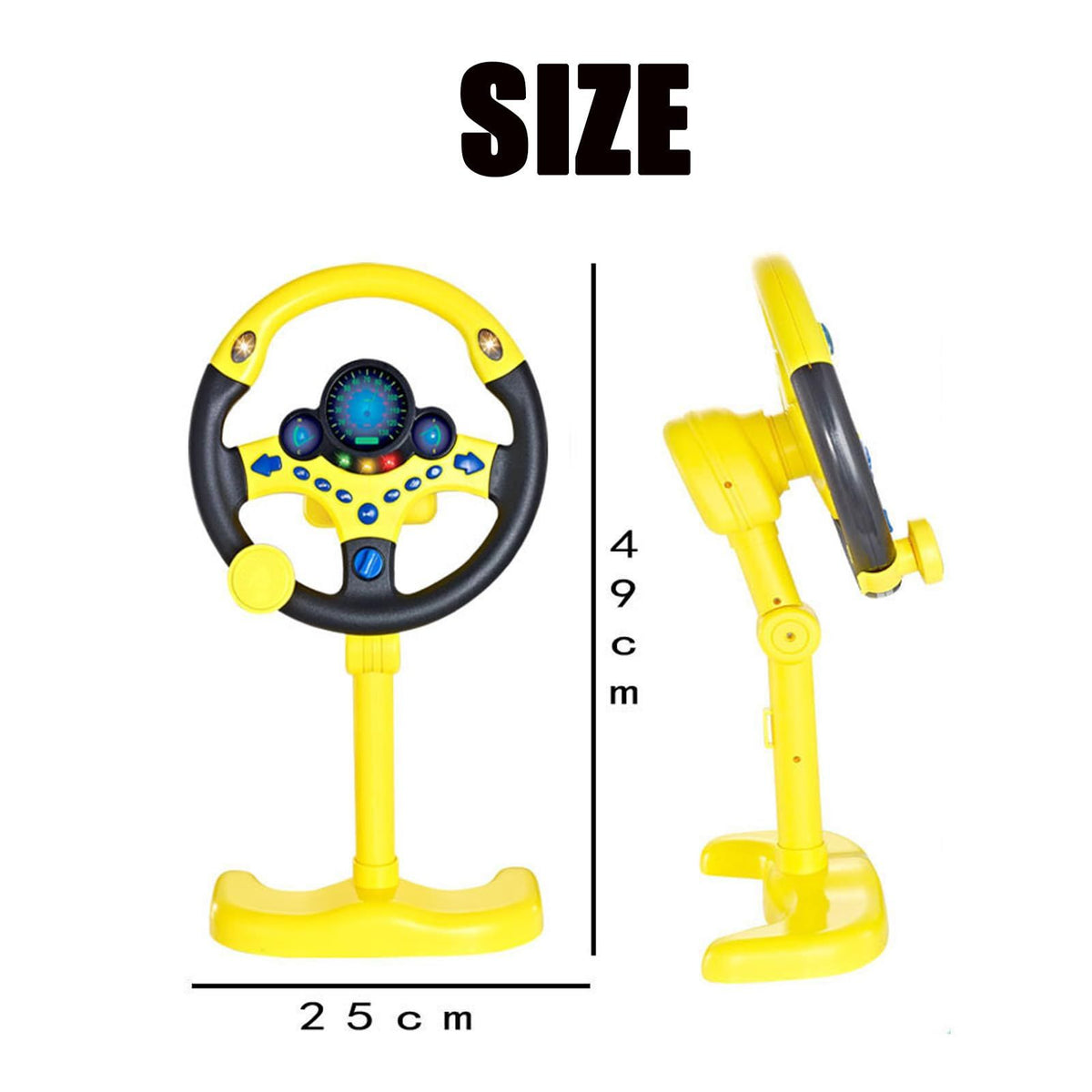 Yellow simulated steering wheel toy for kids, electric car style, with realistic buttons, perfect for ride-on cars and pretend driving.