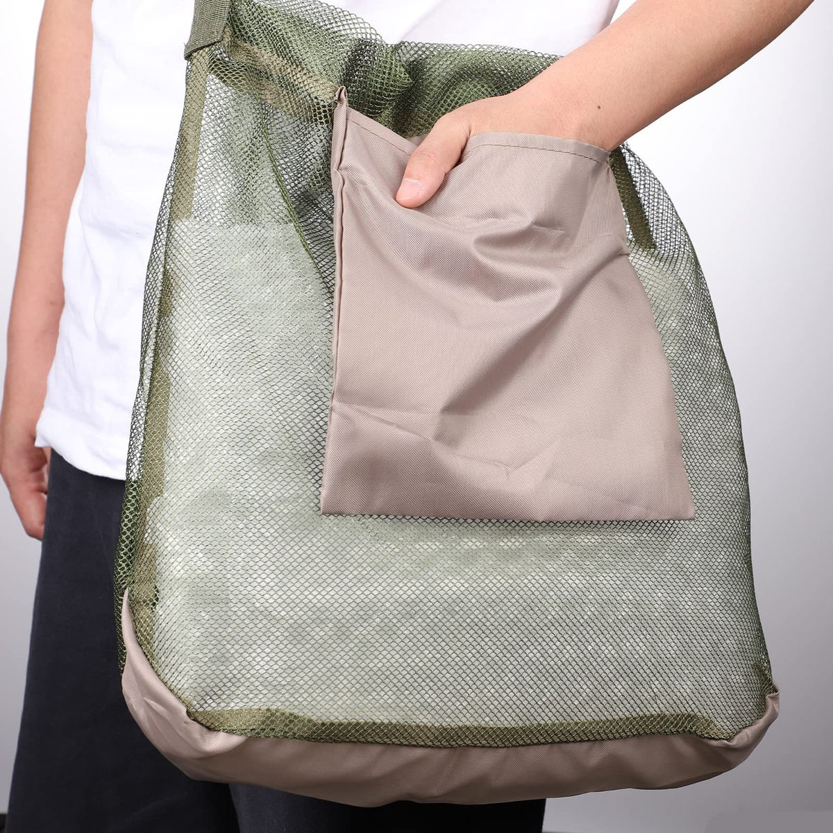Green mushroom foraging bag by Everything Baby, practical and cute mushroom collecting tool for kids and adults during foraging.