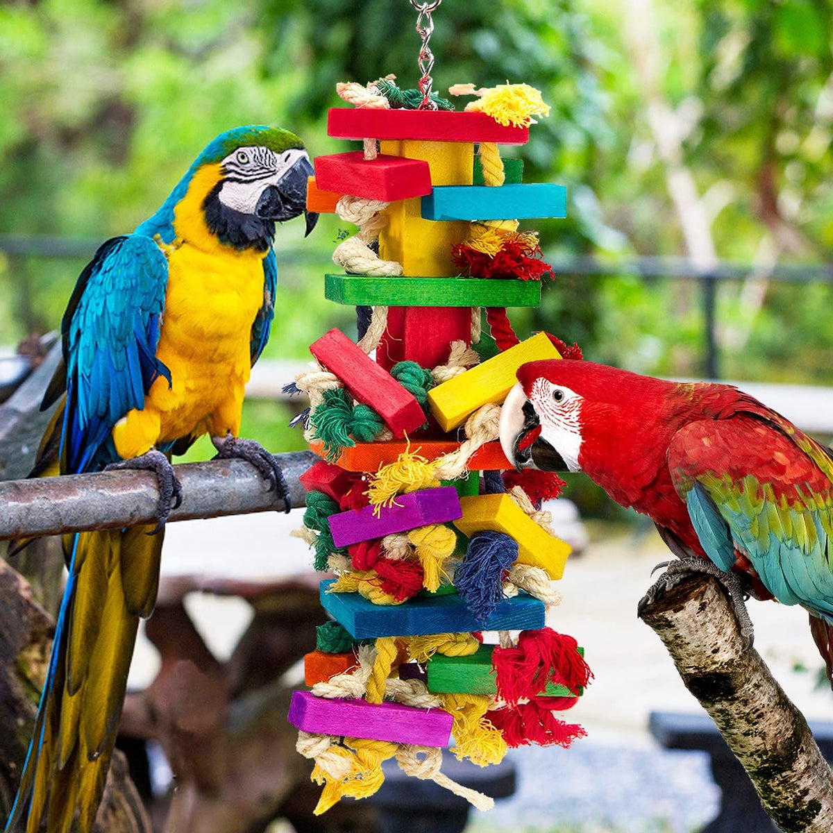 Colorful wooden bird parrot toy with large blocks, designed for macaws, African grey, and Amazon parrots, bright and playful.