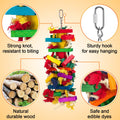 Colorful wooden blocks toy for parrots like macaws and African Grey, designed for bird enrichment and entertainment.