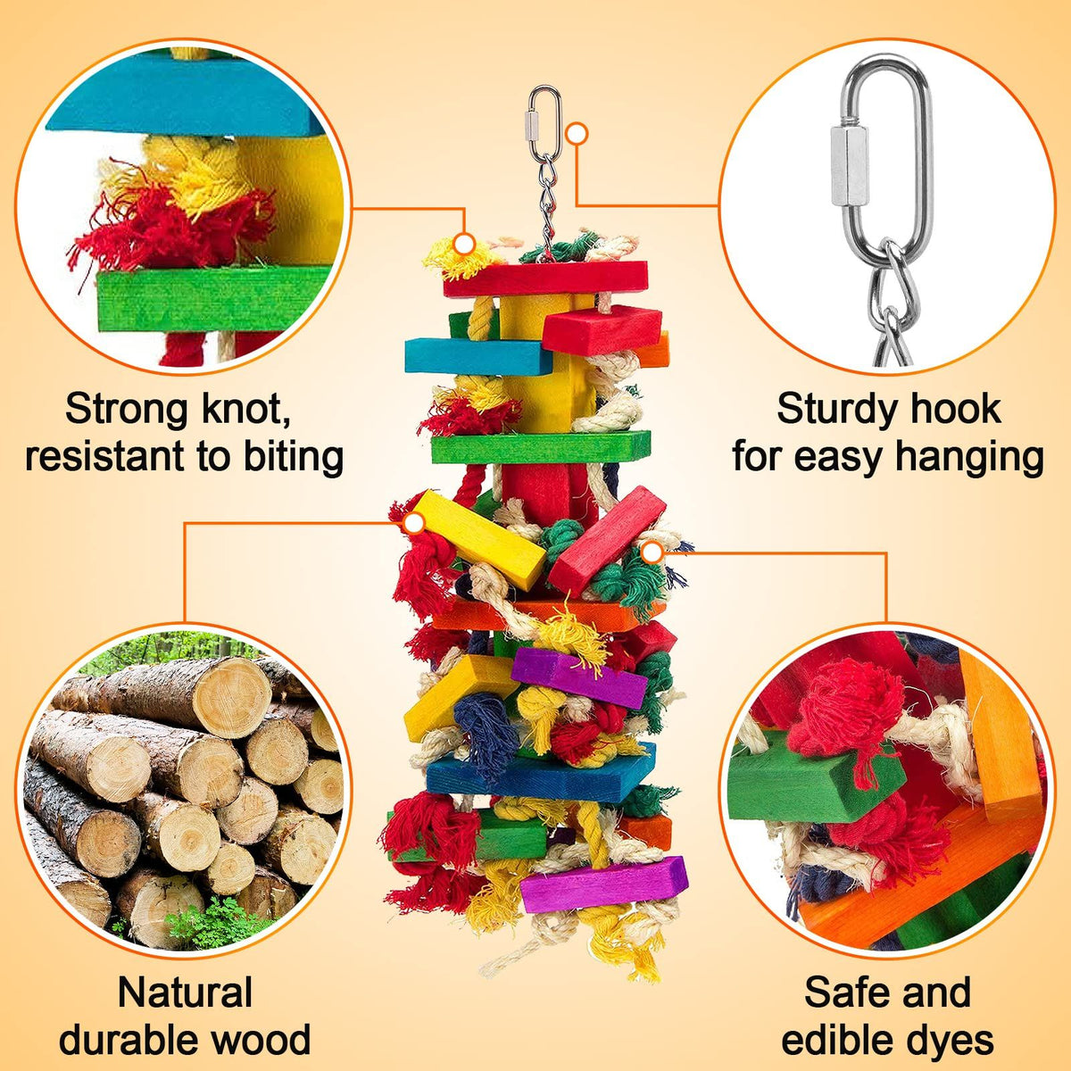 Colorful wooden blocks toy for parrots like macaws and African Grey, designed for bird enrichment and entertainment.