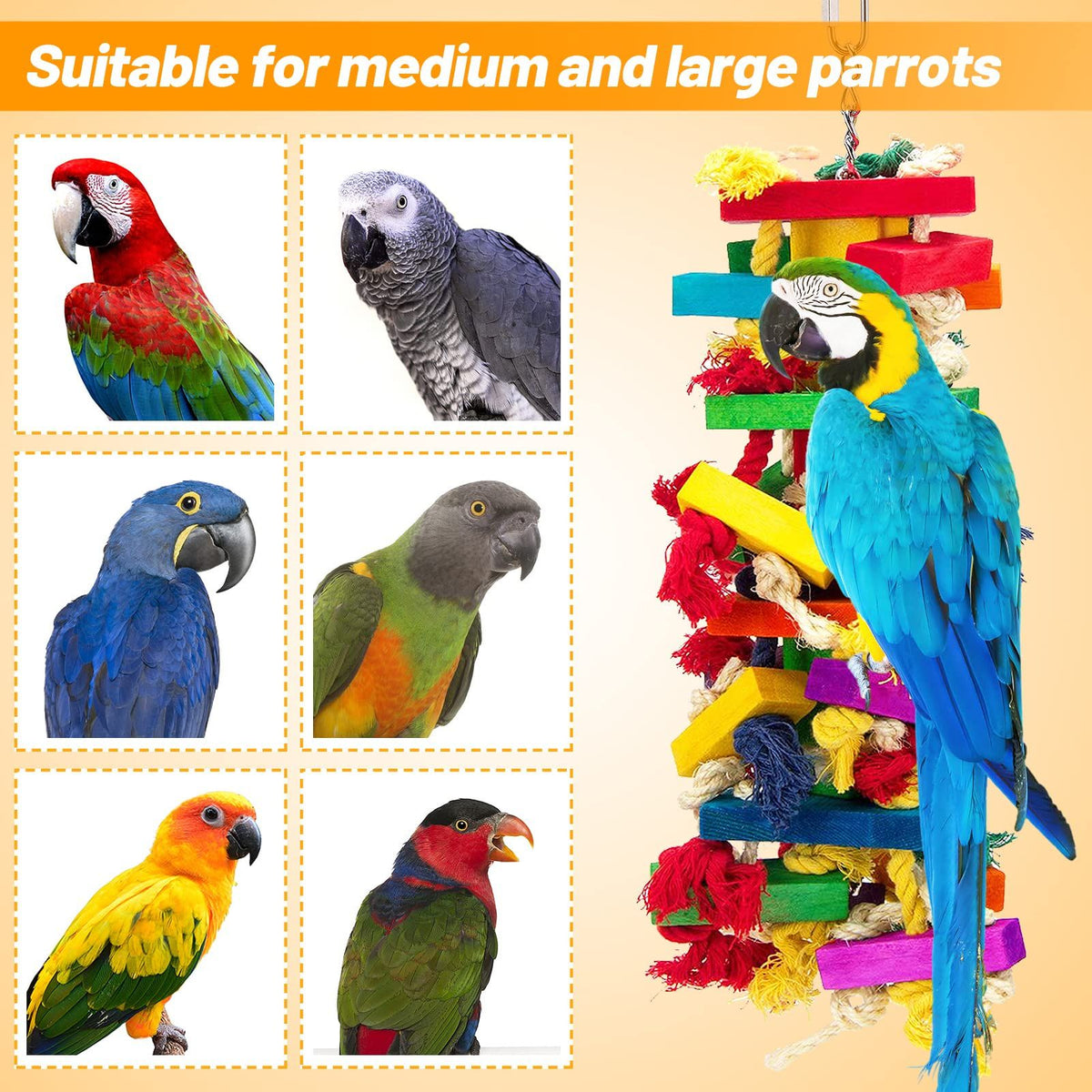 Colorful wooden bird parrot toys for macaws, African grey, and Amazon parrots, featuring bright, fashionable blocks for enrichment.