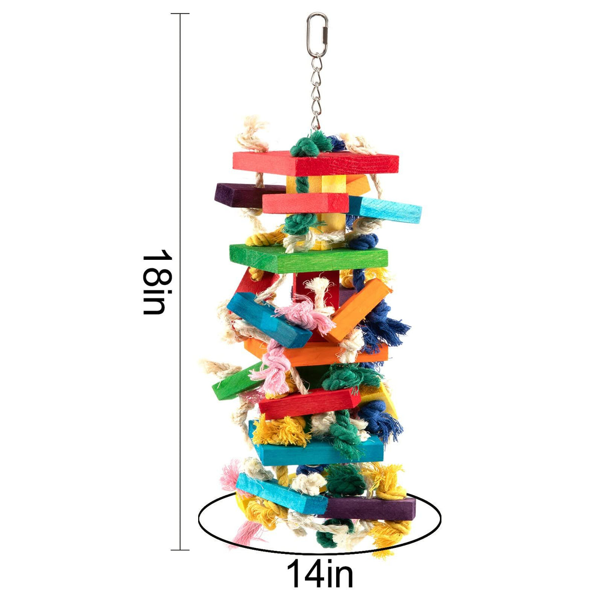 Colorful wooden bird parrot toys for macaws, African Grey, and Amazon parrots featuring bright, fashionable blocks.