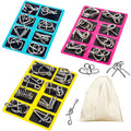 Set of 24 metal wire brain teaser puzzles in a pouch, featuring iron links and interlocks for IQ testing and problem-solving fun.