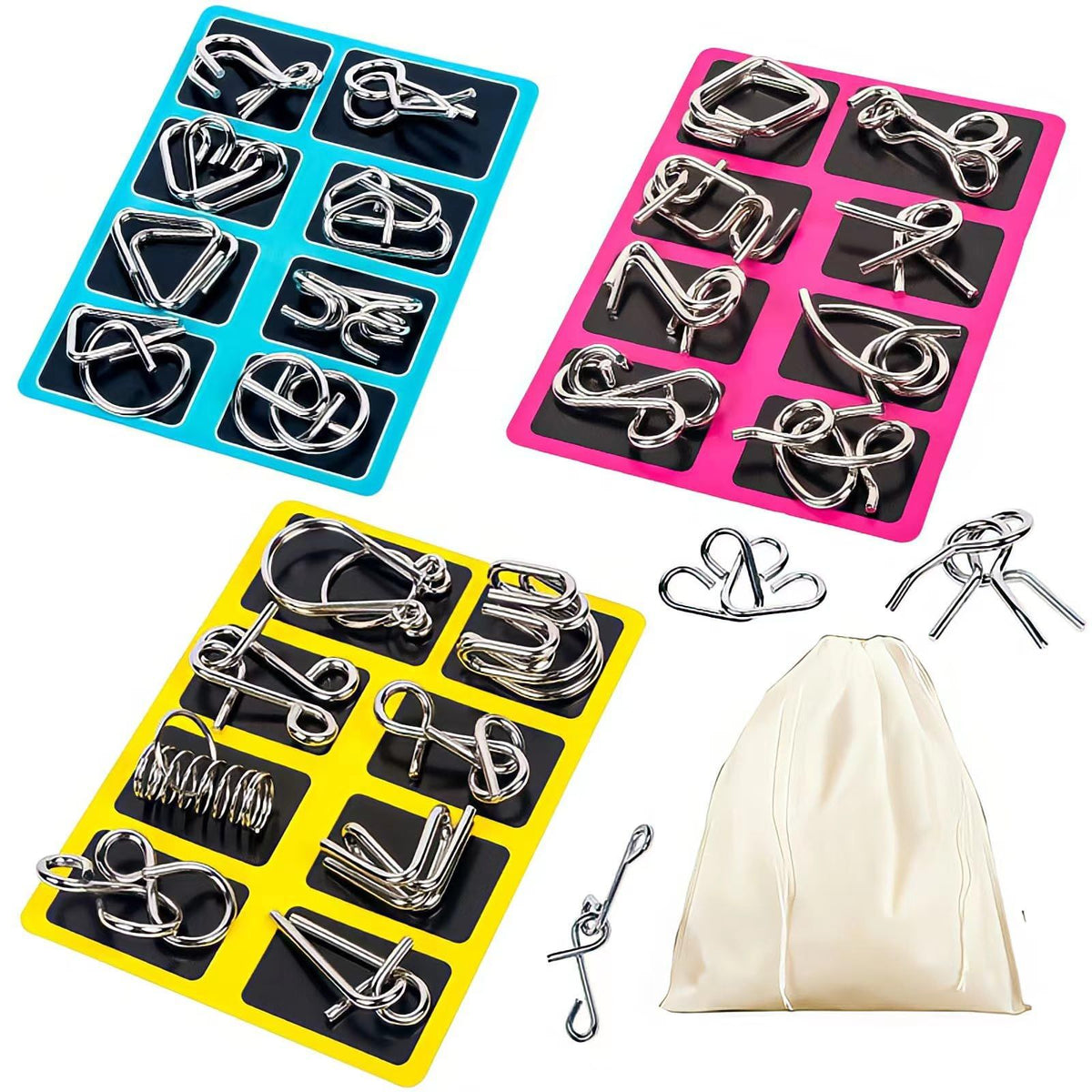 Set of 24 metal wire brain teaser puzzles in a pouch, featuring iron links and interlocks for IQ testing and problem-solving fun.