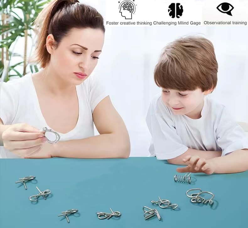 Set of 24 metal wire puzzles with pouch, brain teasers, and Chinese ring interlock games for kids and adults.