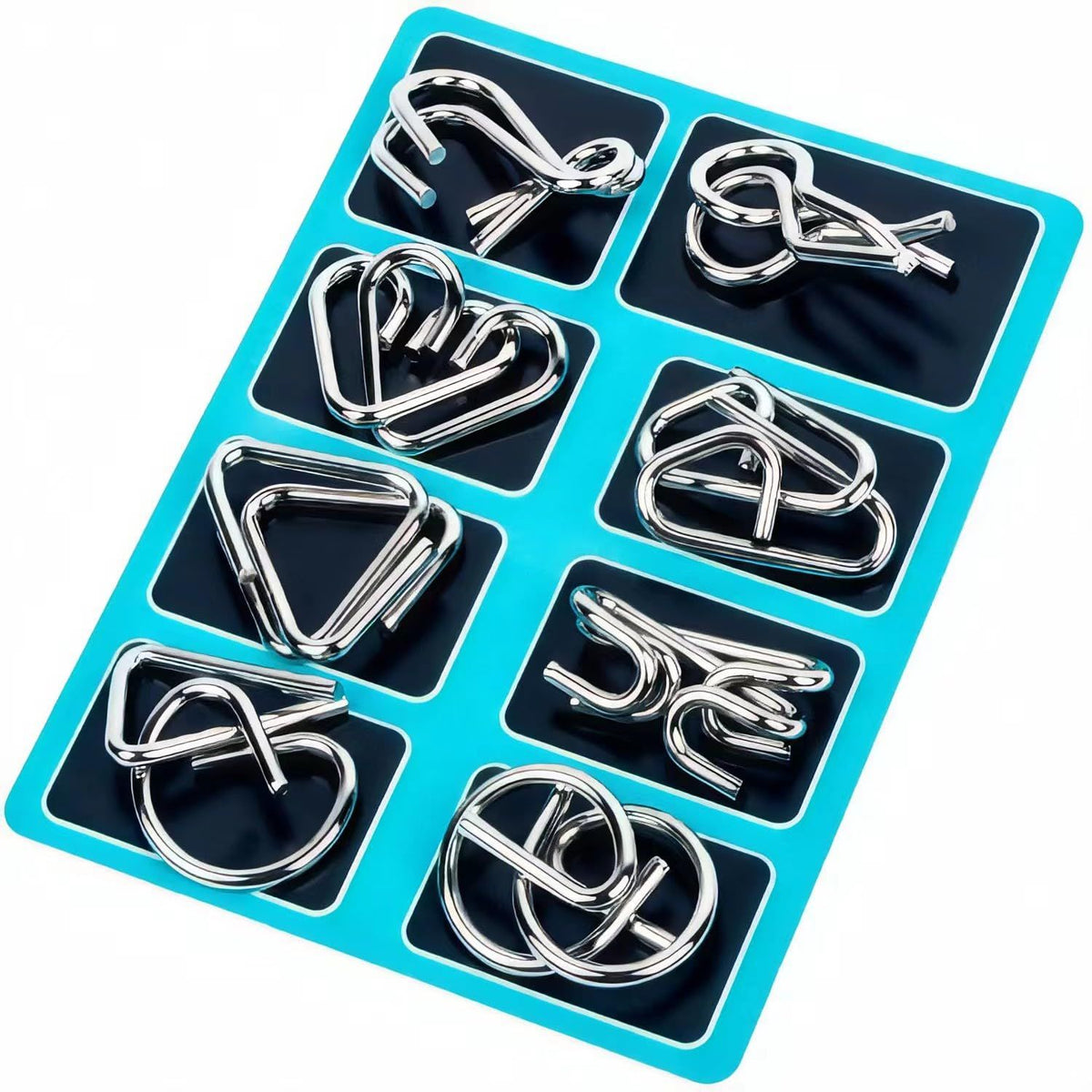 Set of 24 metal wire brain teaser puzzles with pouch, including Chinese ring and iron link lock games for kids and adults.