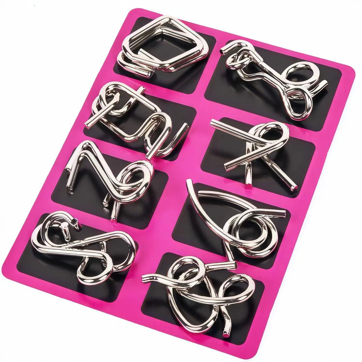 Set of 24 metal wire puzzles with pouch, brain teaser IQ tests, disentangle and unlock interlock games for kids and beginners.