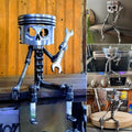 Handmade carved piston skull face sculpture in metal, detailed skeleton face figurine, perfect for unique art and creative display.