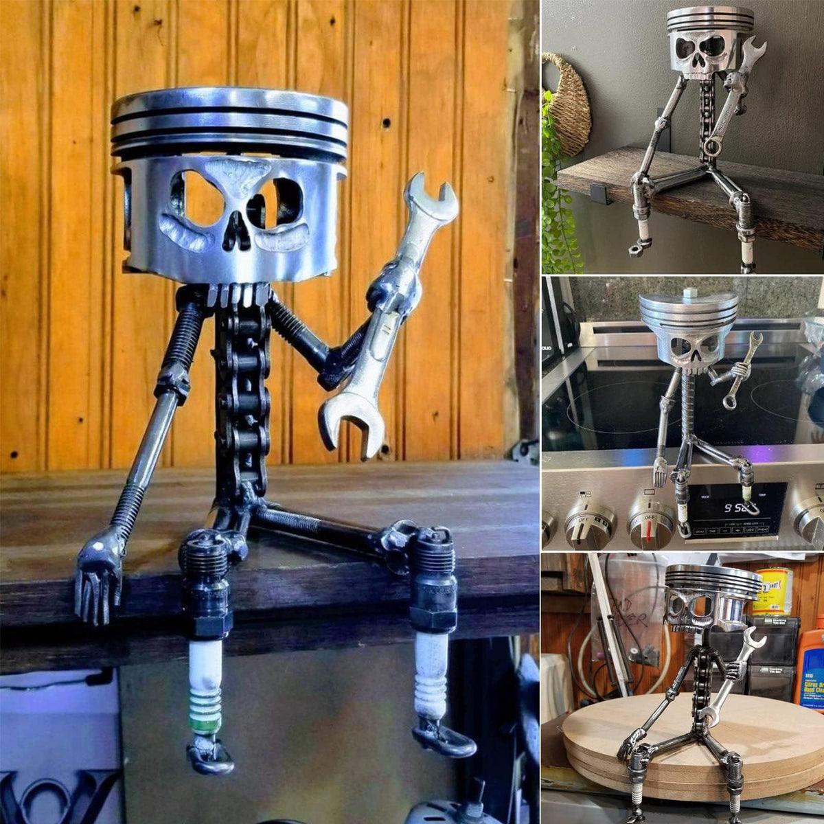 Handmade carved piston skull face sculpture in metal, detailed skeleton face figurine, perfect for unique art and creative display.