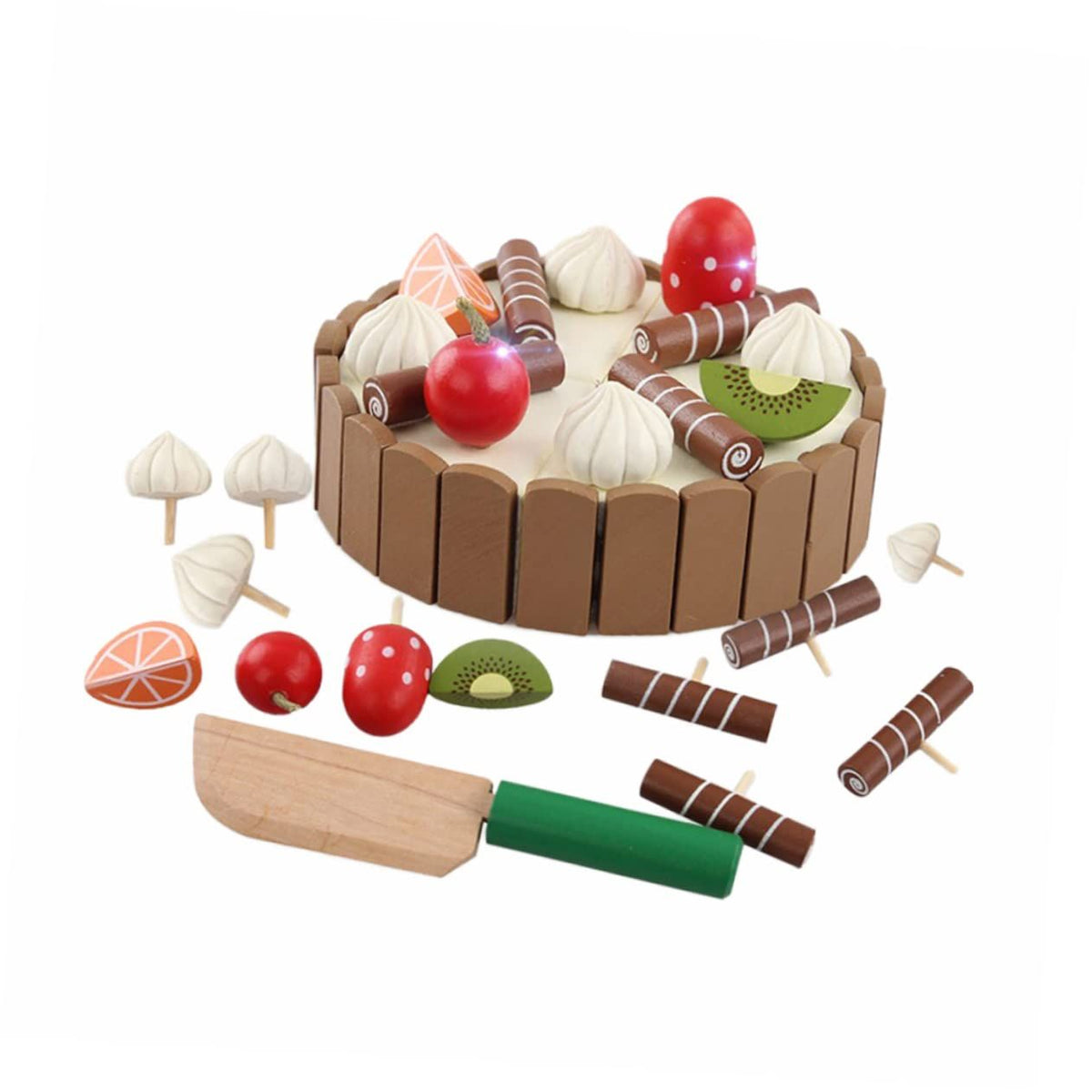 Wooden magnetic birthday cake toy for kids by Everything Baby, featuring chocolate and vanilla swirls with a cutting knife for pretend play