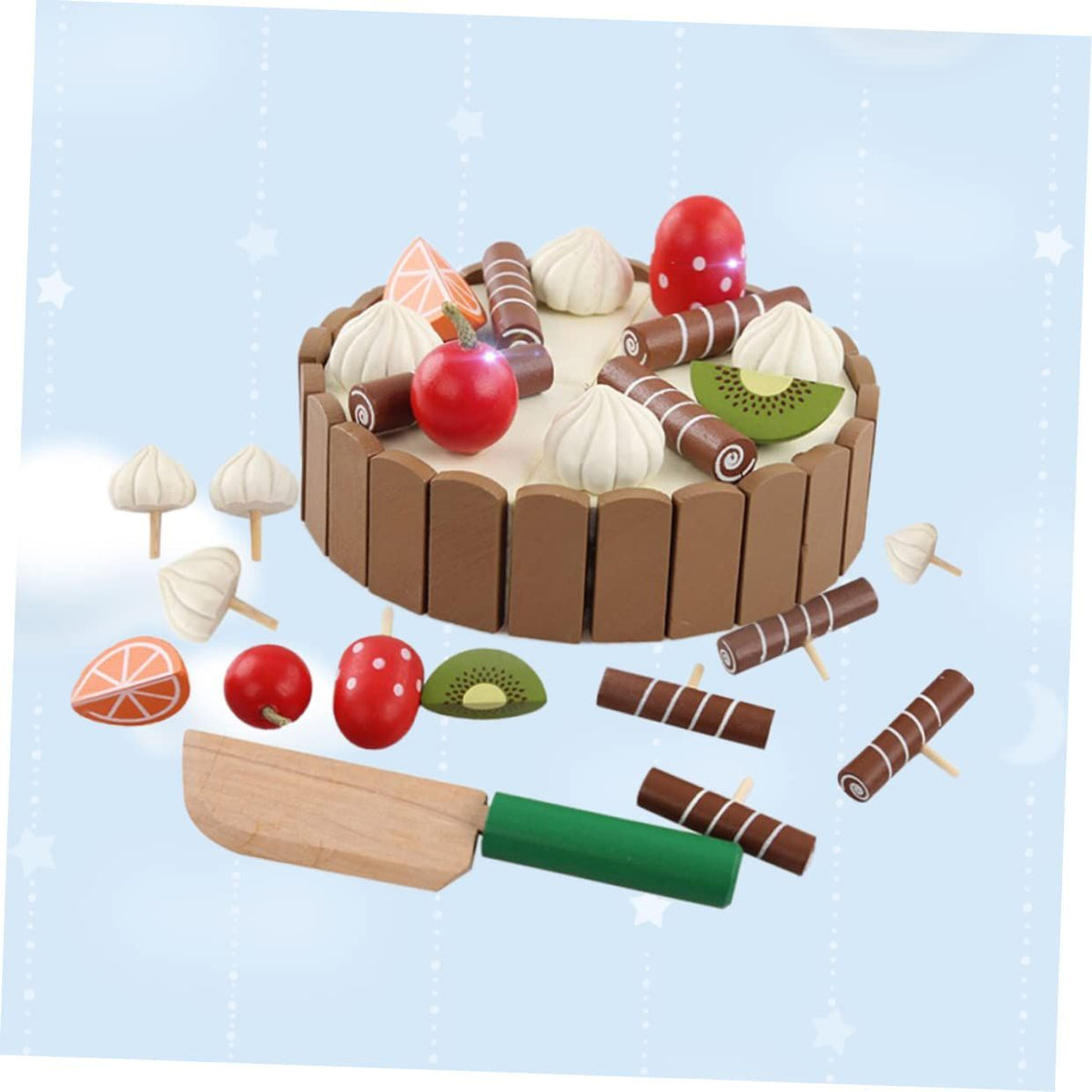 Wooden magnetic birthday cake toy for kids with chocolate and vanilla swirls, includes cutting knife for pretend play by Everything Baby